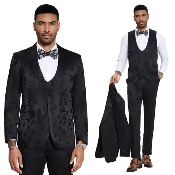 2024 Floral Mens 3PC Suit w/ Double Breasted Prom Vest by Tazzio, Black - Picture 1 of 5